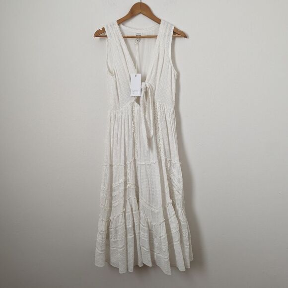 NWT Hemant & Nandita white lace Juhi cotton bohemian tie cutout slit midi dress - Picture 2 of 6